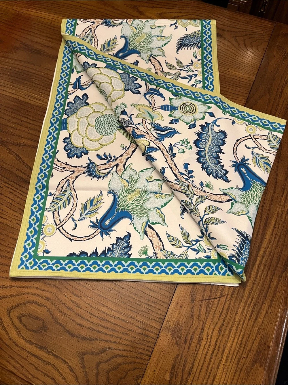 Williams Sonoma Floral Table Runner in Blue, Green & Cream